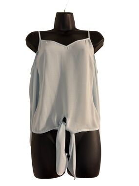 Women's Light Blue Tie-Front Cold Shoulder Long Puffy Sleeves Summer Top